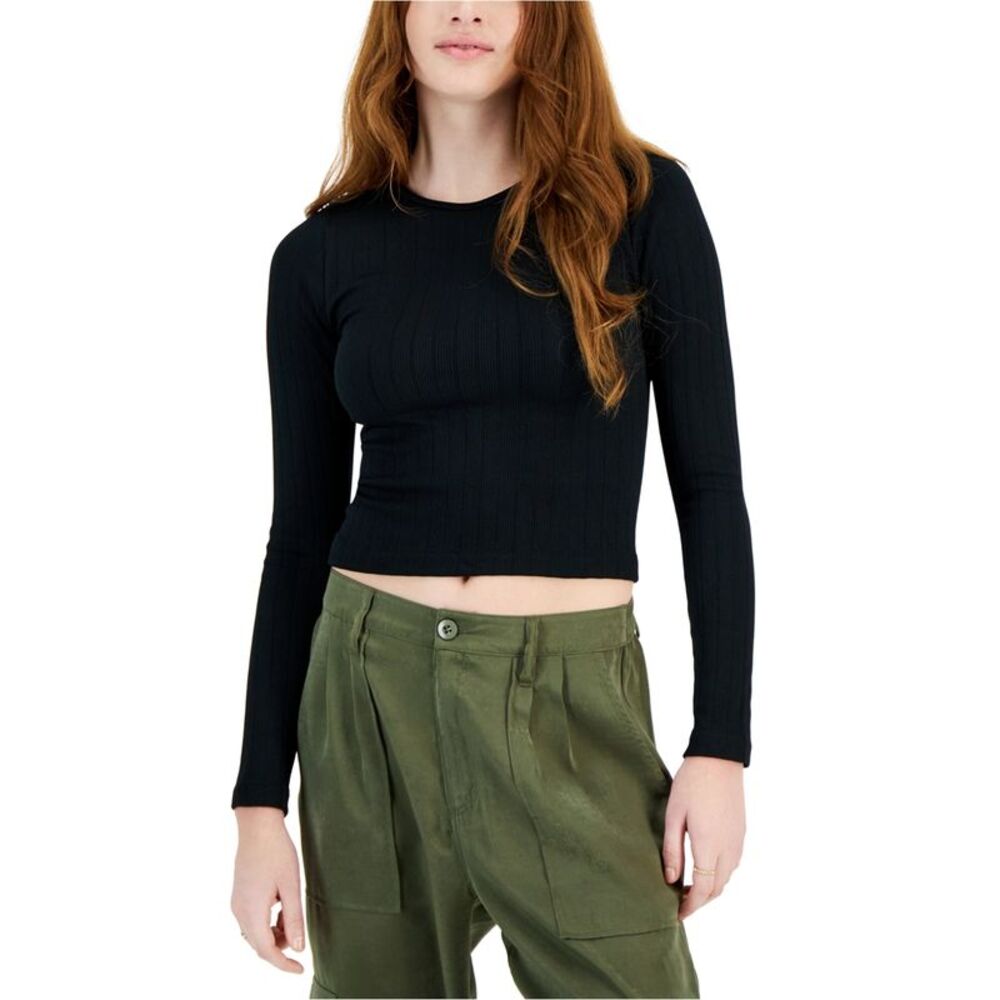 PLANET HEART Womens Ribbed Long Sleeve Knit Blouse, Black, Juniors, S, DM